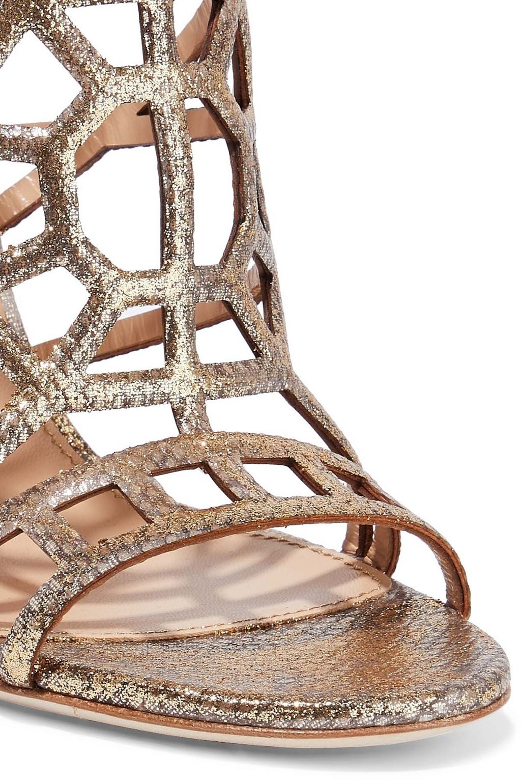 SERGIO ROSSI Laser-cut glittered metallic textured-leather sandals