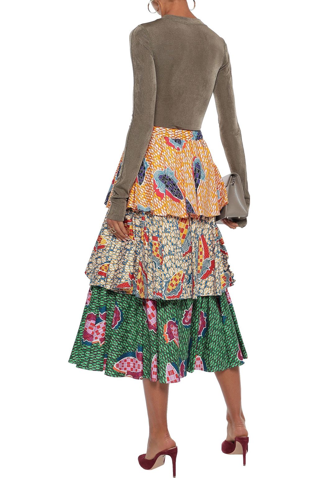 STELLA JEAN Knotted tiered printed cotton-blend midi skirt