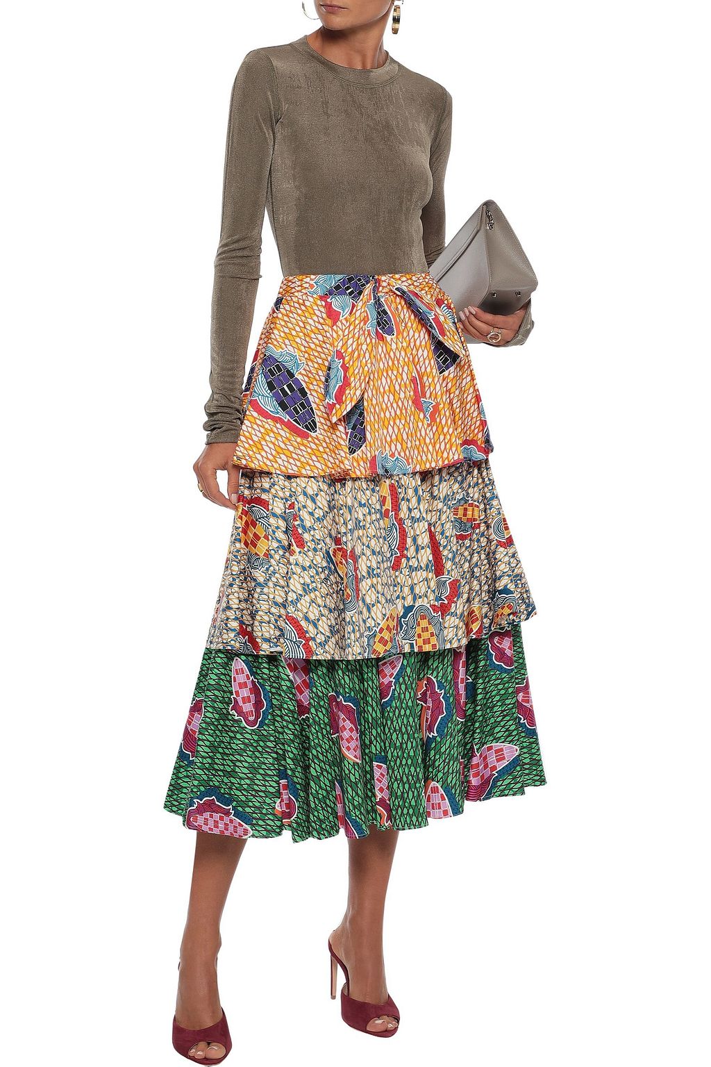 STELLA JEAN Knotted tiered printed cotton-blend midi skirt