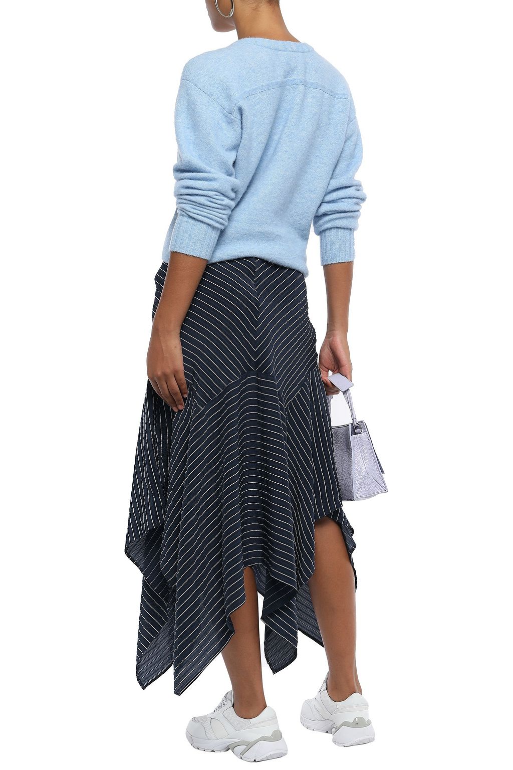 GANNI Lynch asymmetric striped silk-blend seersucker midi skirt