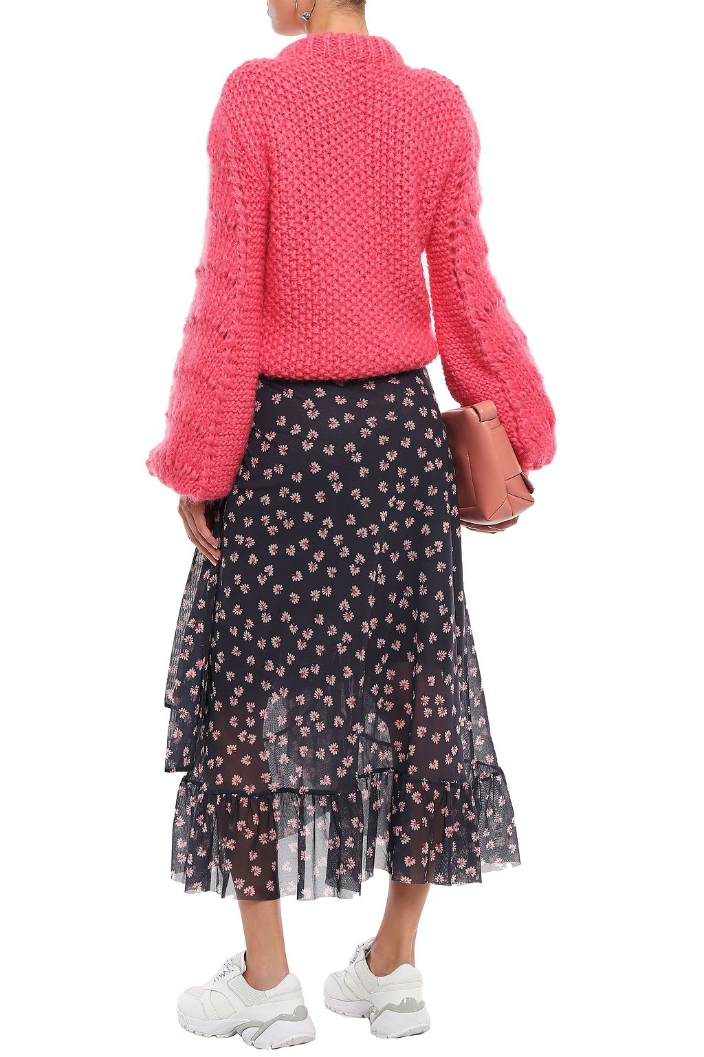 GANNI ラッフル付き フローラルプリント メッシュ ミディスカート