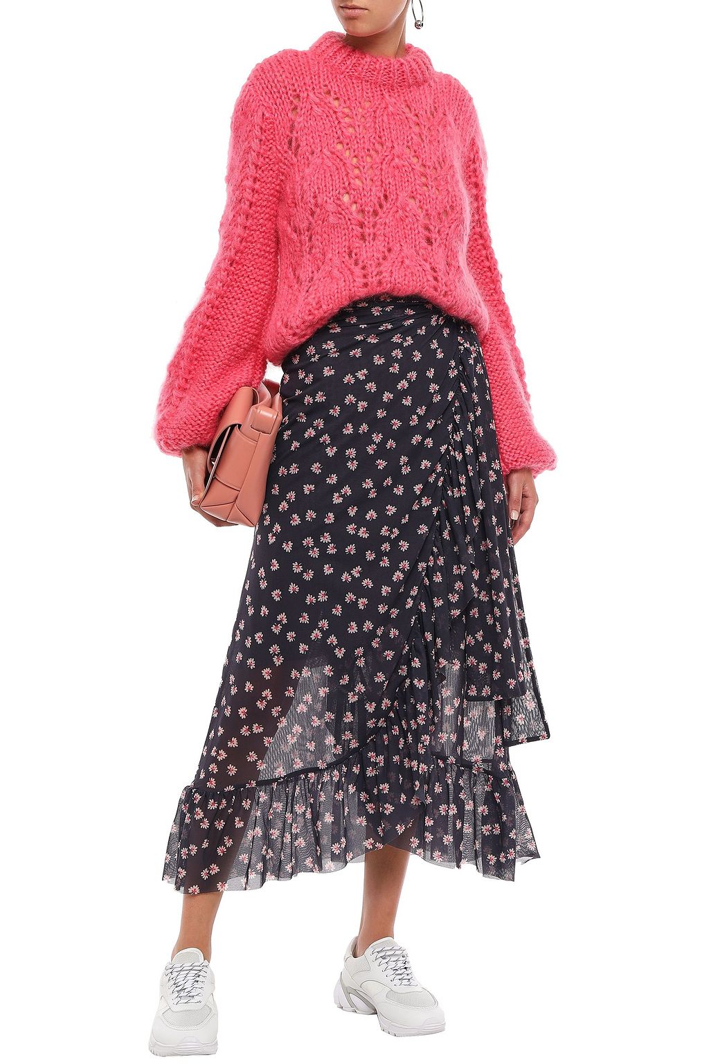GANNI ラッフル付き フローラルプリント メッシュ ミディスカート