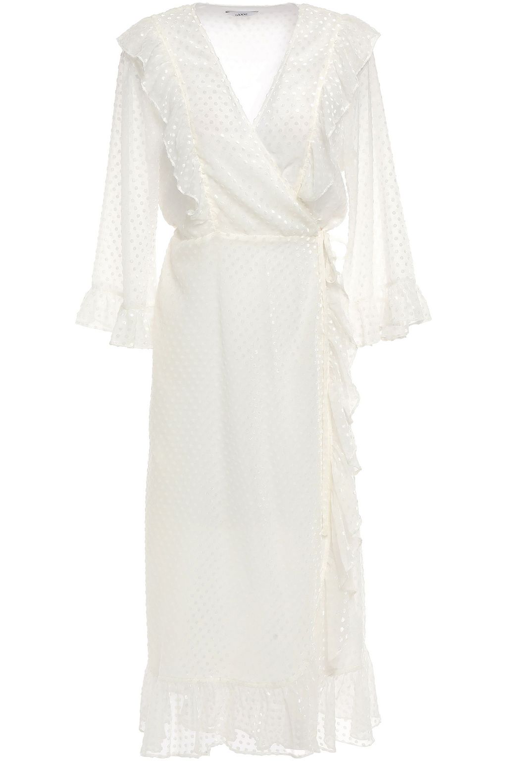 Ivory Jasmine ruffled flocked gauze midi wrap dress | GANNI | THE OUTNET