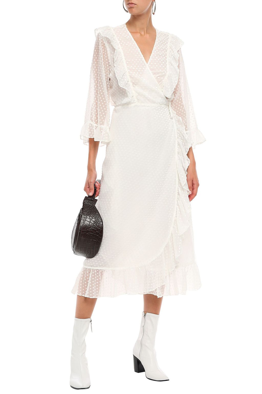 GANNI Jasmine ruffled Swiss-dot gauze midi wrap dress