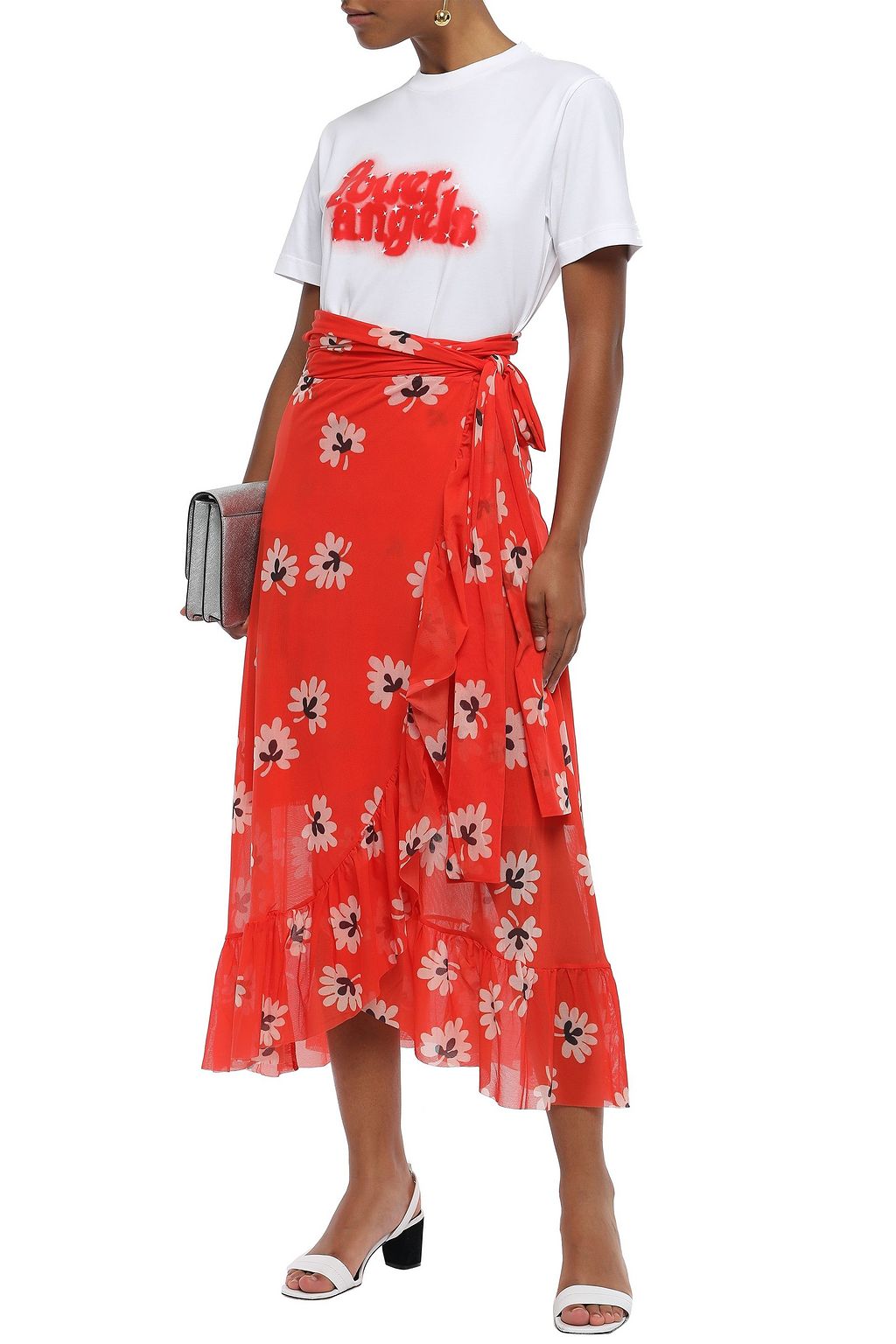 GANNI Tilden フローラルプリント ストレッチメッシュ ミディスカート