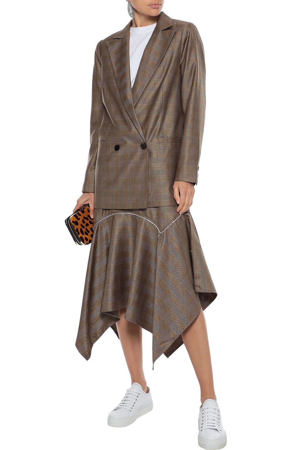 GANNI Merkel crystal-embellished Prince of Wales checked silk and wool-blend midi skirt