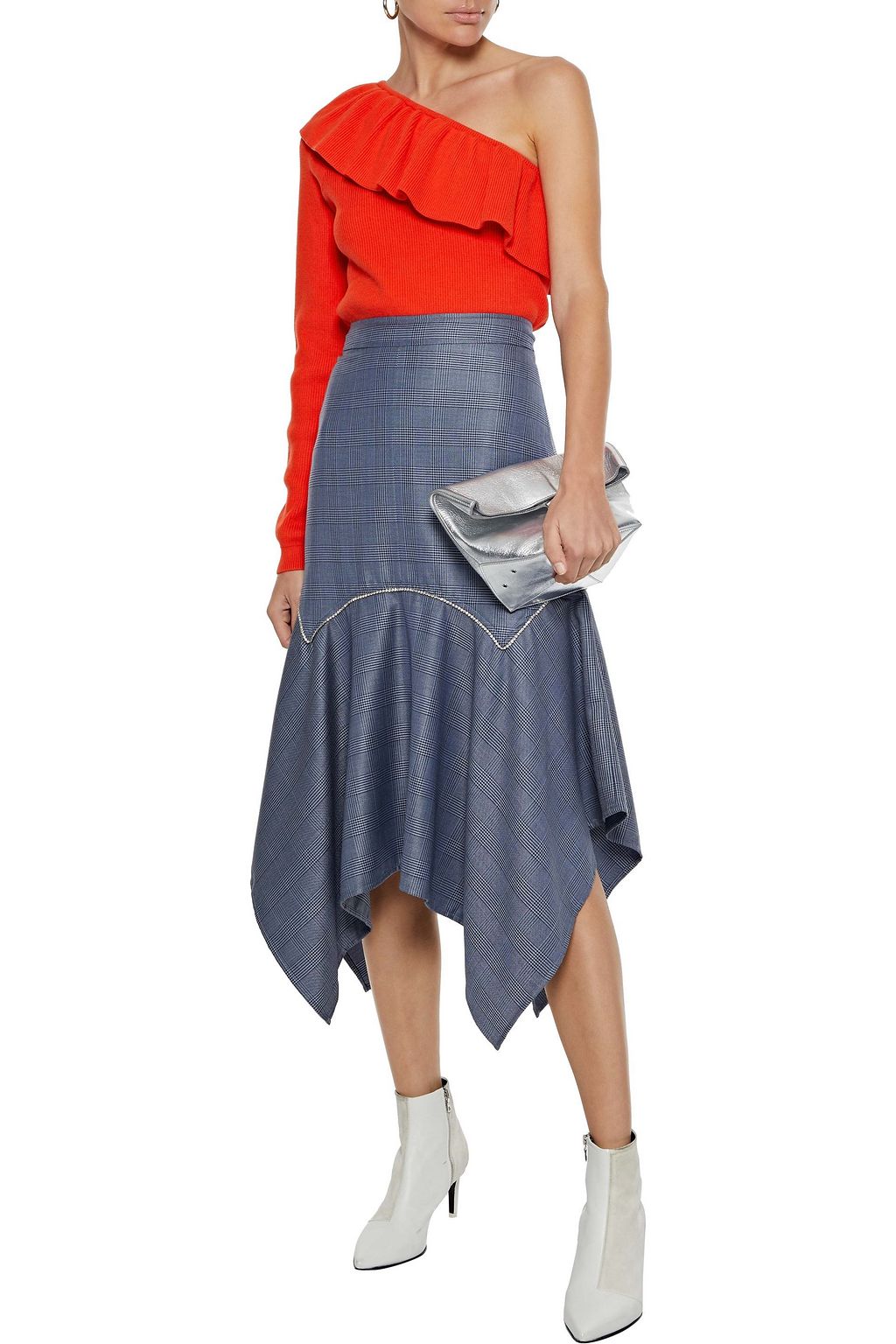 GANNI Merkel crystal-embellished Prince of Wales checked silk and wool-blend midi skirt