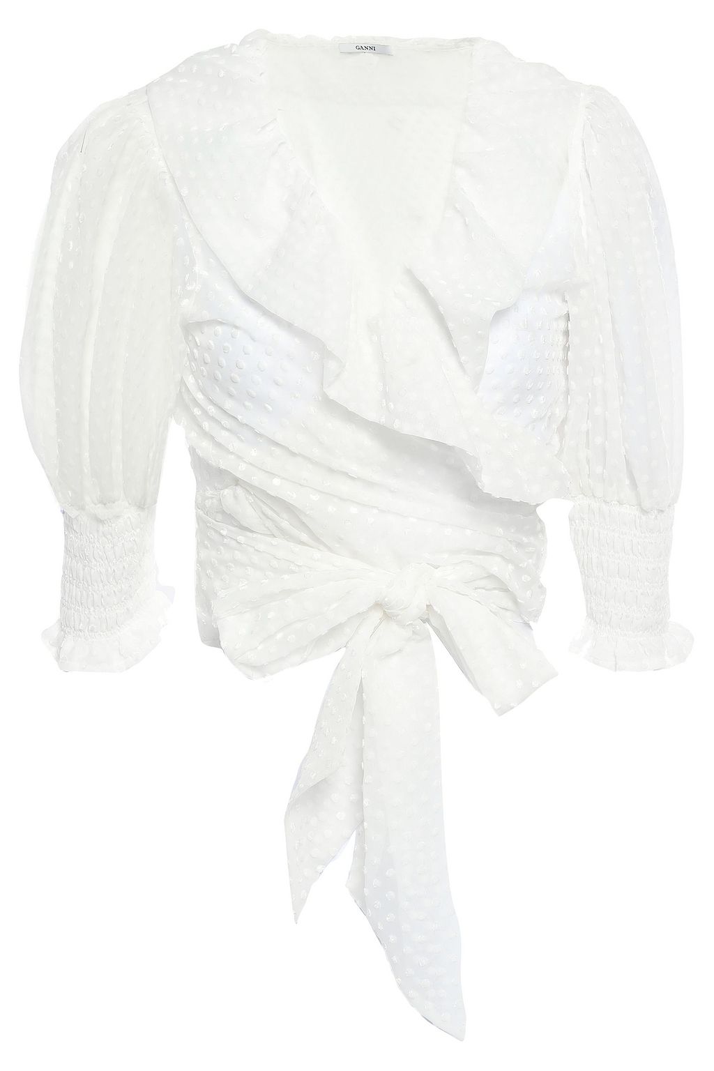 GANNI Jasmine ruffled flocked tulle wrap blouse THE OUTNET