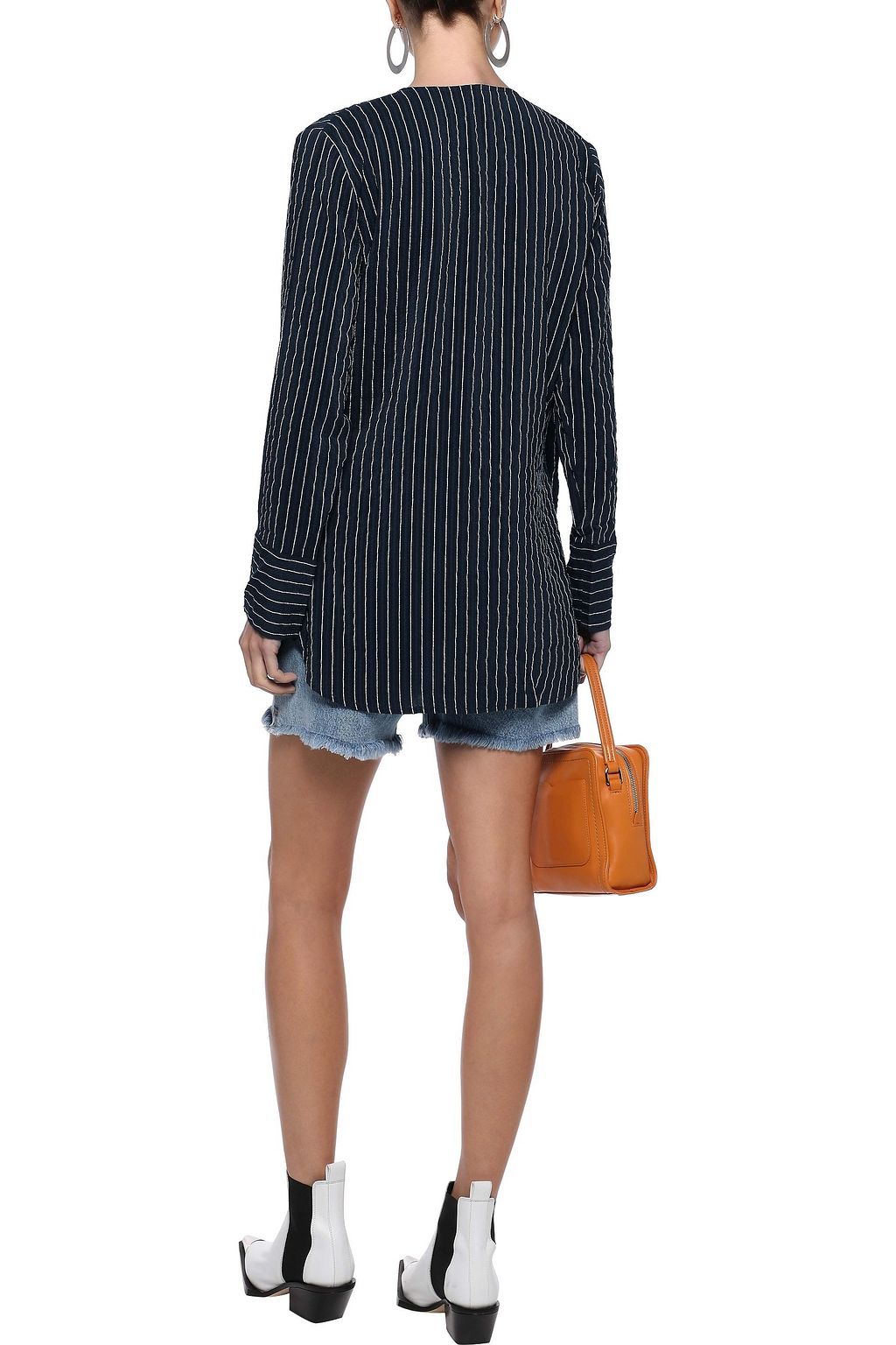 GANNI Lynch pinstriped silk-blend seersucker wrap top