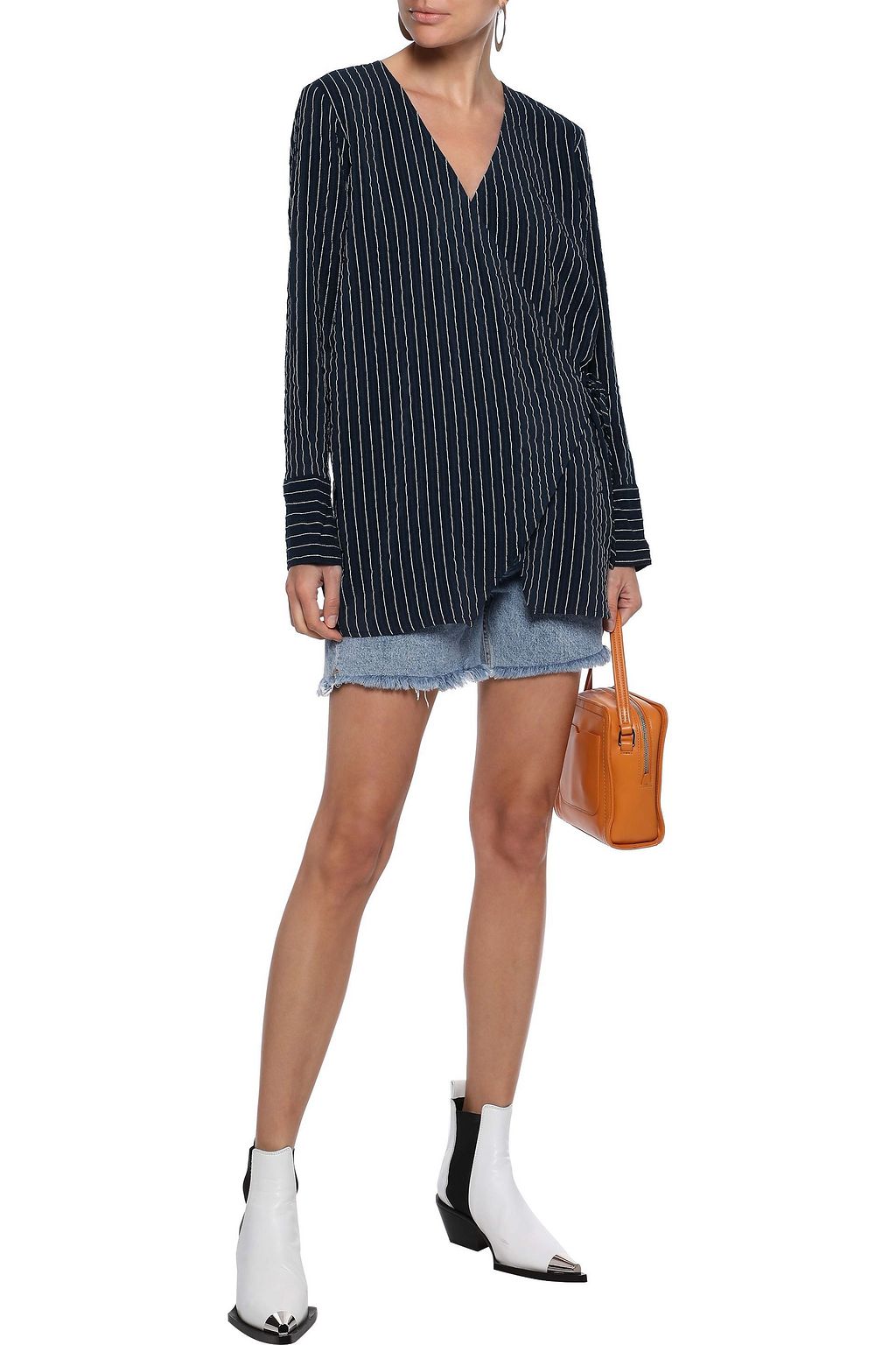GANNI Lynch pinstriped silk-blend seersucker wrap top