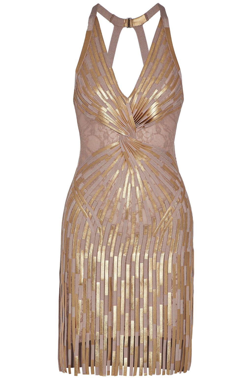 herve leger gold fringe dress