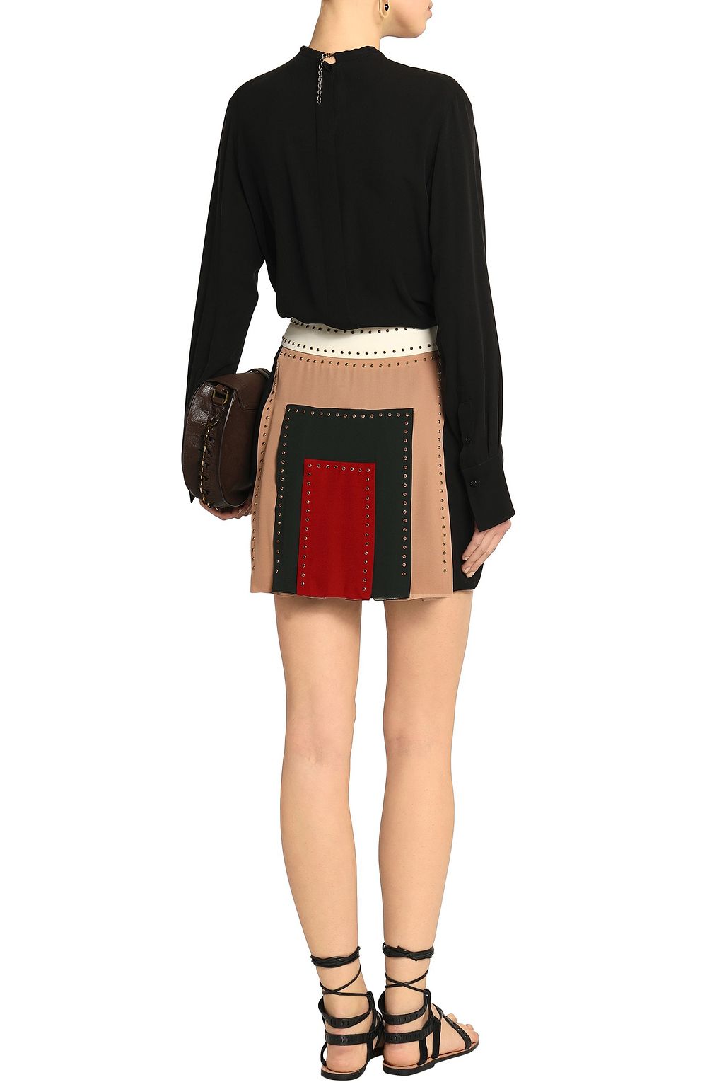 VALENTINO GARAVANI Studded color-block silk crepe de chine mini skirt