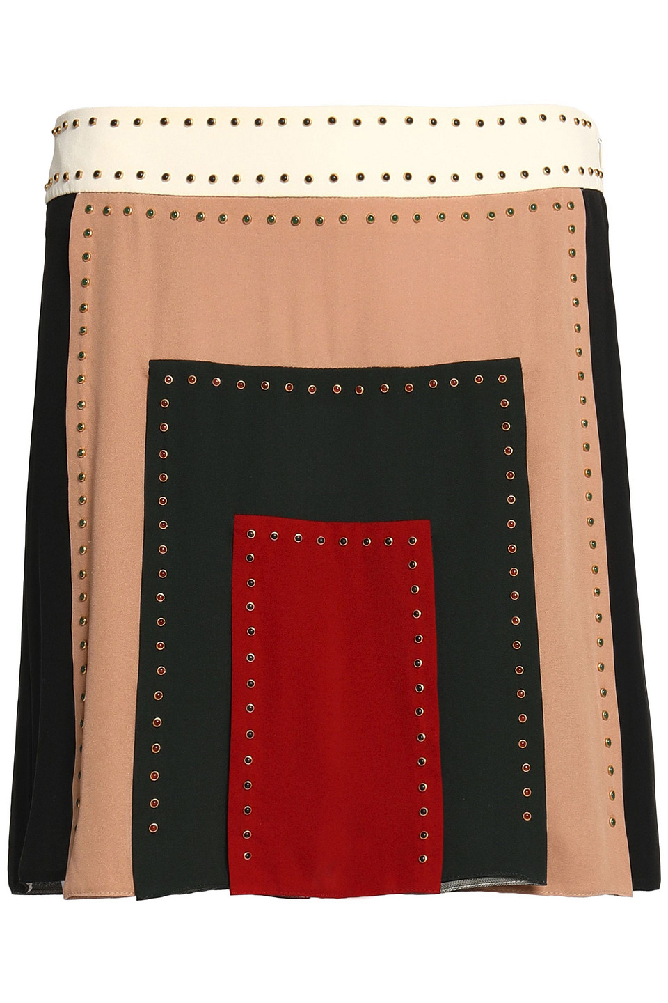 Studded color-block silk crepe de chine mini skirt