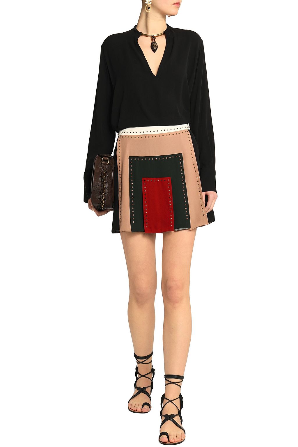 VALENTINO GARAVANI Studded color-block silk crepe de chine mini skirt