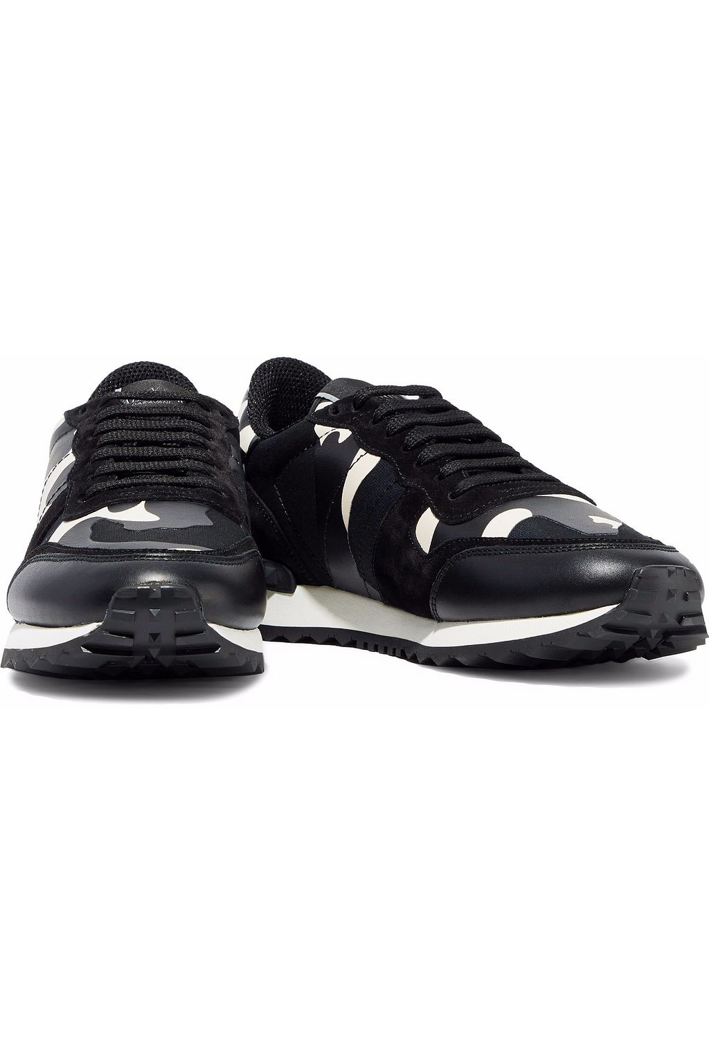 VALENTINO GARAVANI Rockstud suede, canvas and printed leather sneakers