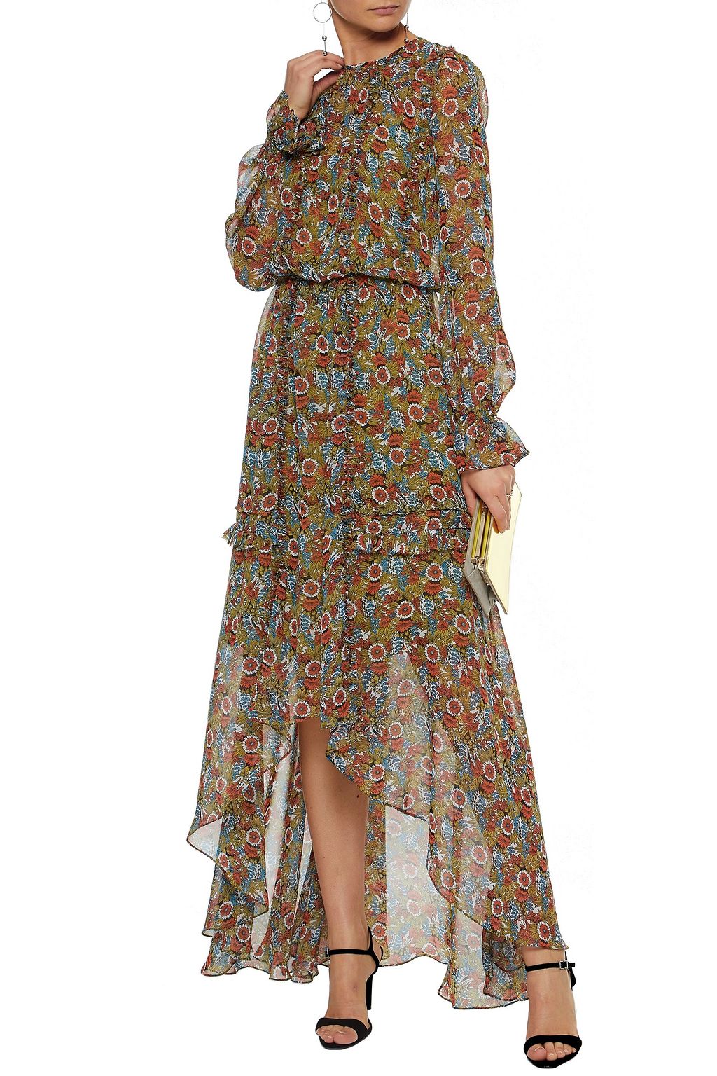 MIKAEL AGHAL Split-front ruffled floral-print chiffon maxi dress
