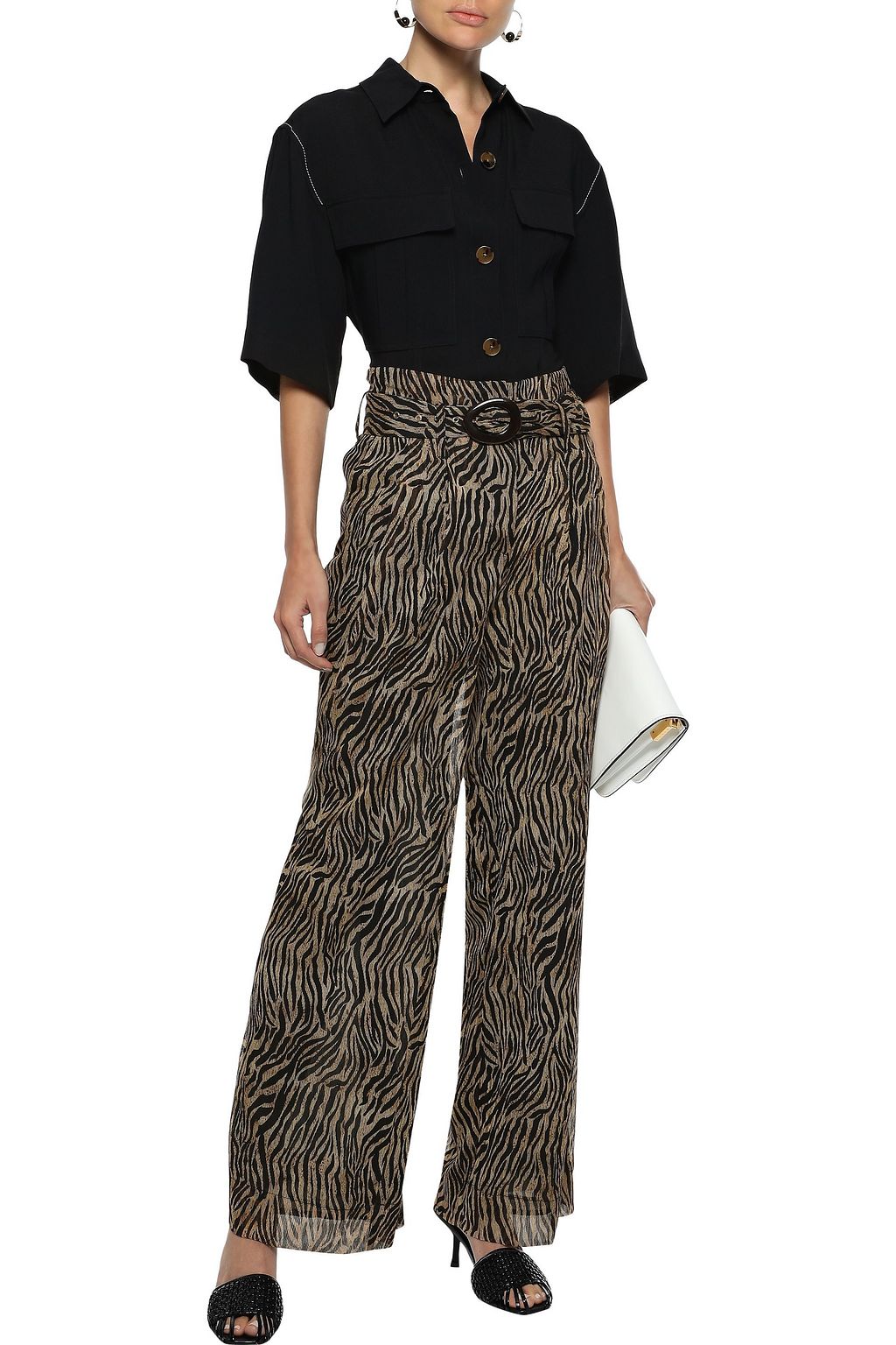 NANUSHKA Nevada belted tiger-print plissé chiffon wide-leg pants
