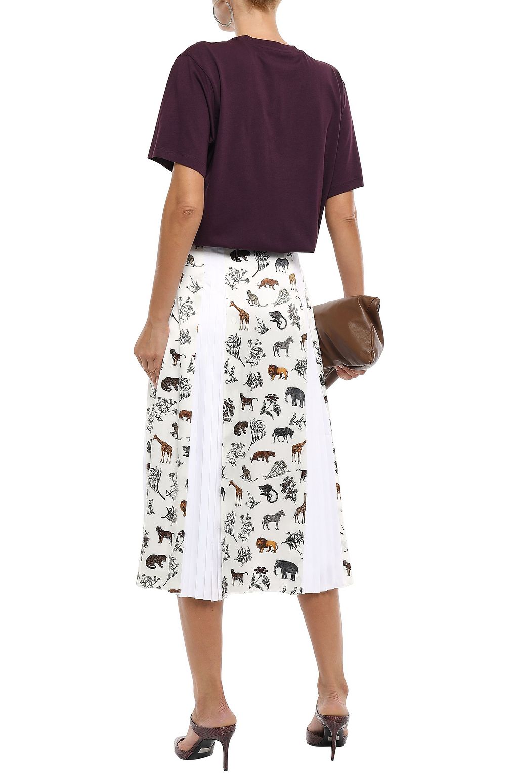 VICTORIA, VICTORIA BECKHAM Pleated poplin-paneled printed silk-twill midi skirt