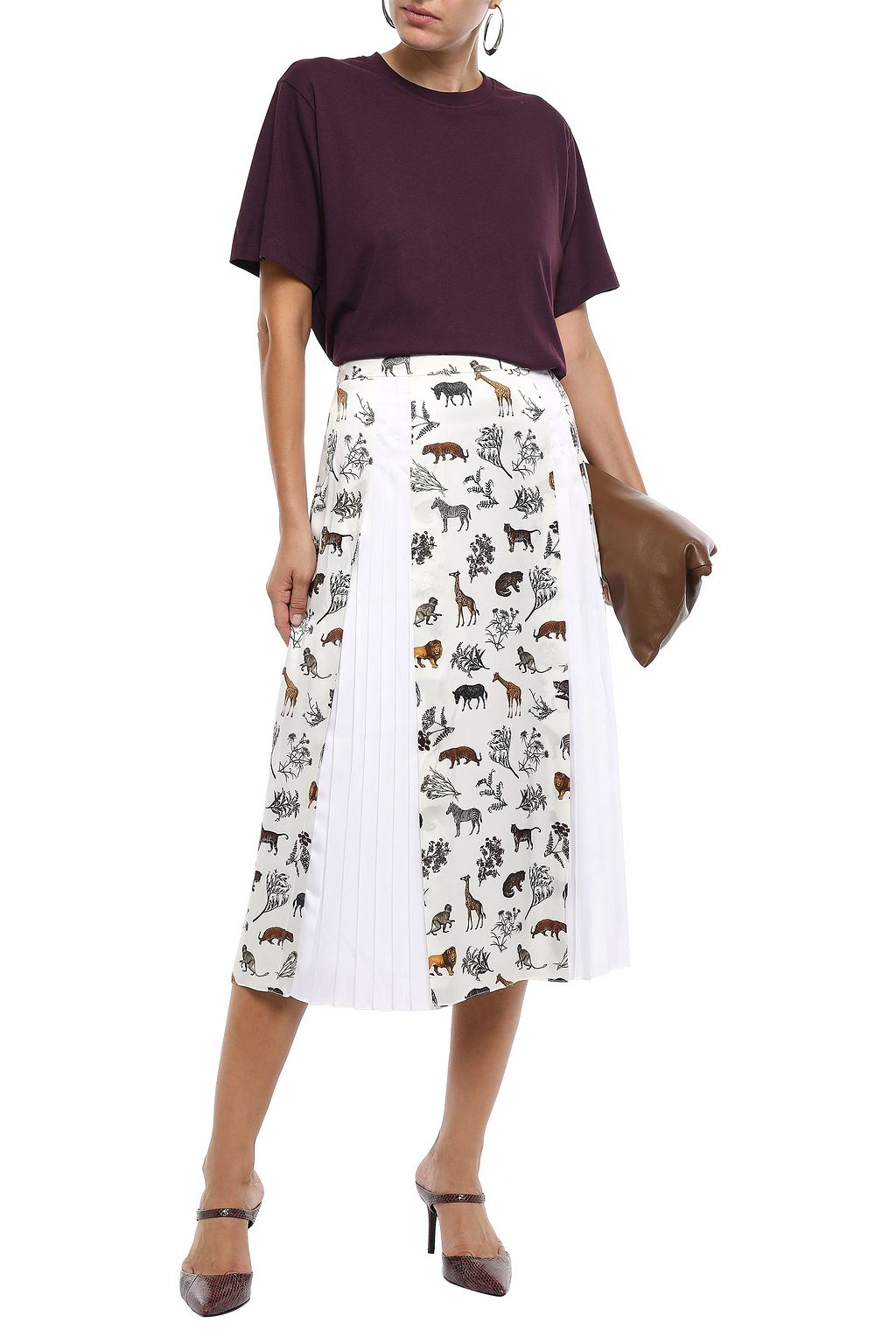VICTORIA, VICTORIA BECKHAM Pleated poplin-paneled printed silk-twill midi skirt