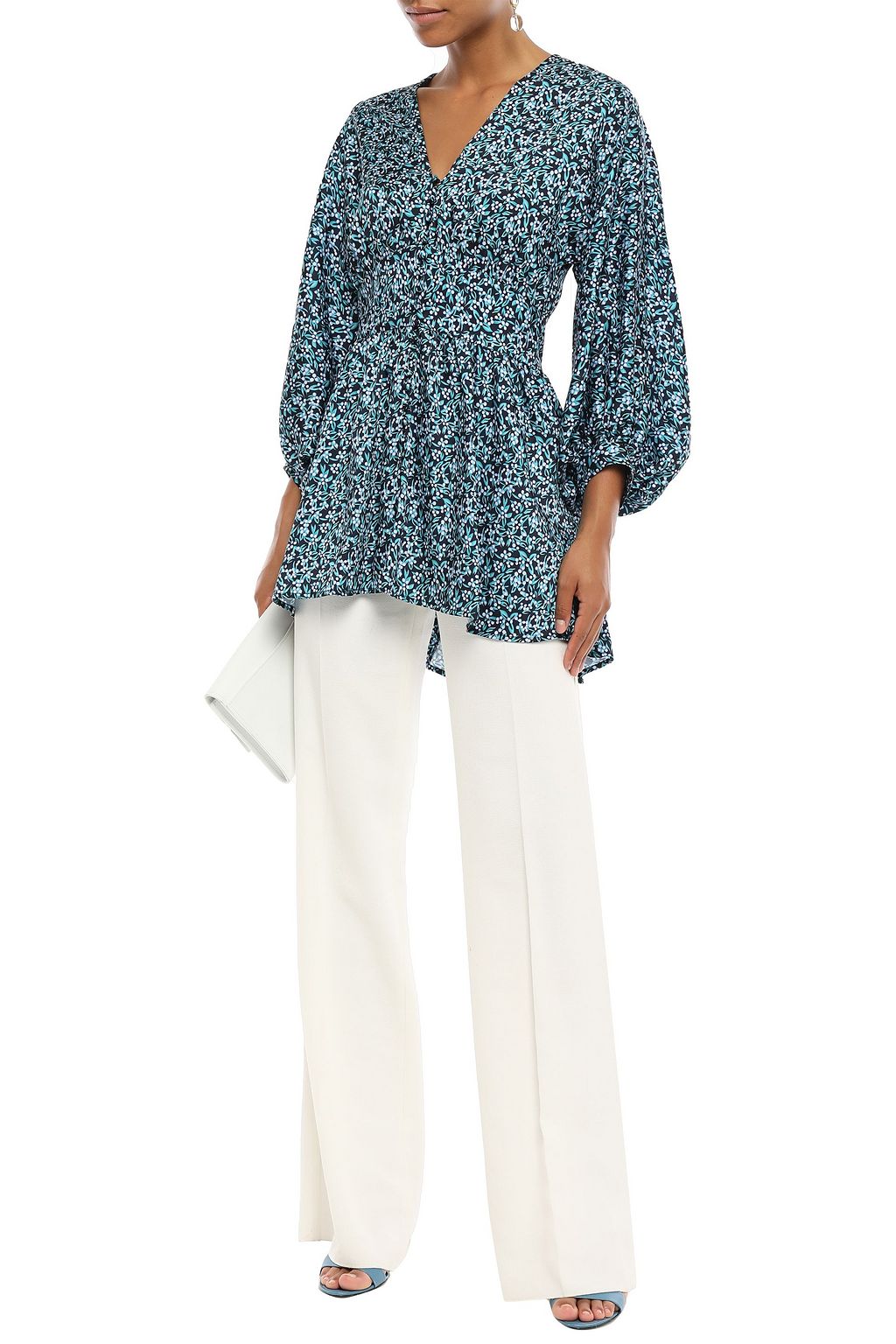 LELA ROSE Gathered floral-print twill blouse