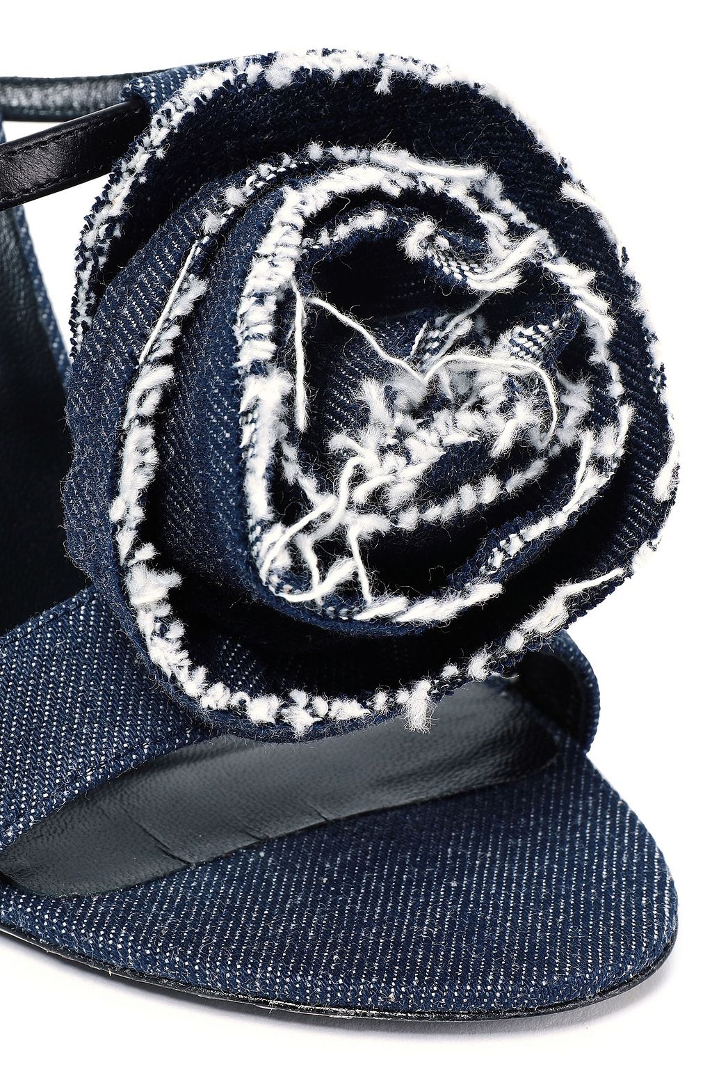 ROGER VIVIER Leather-paneled frayed floral-appliquéd denim sandals