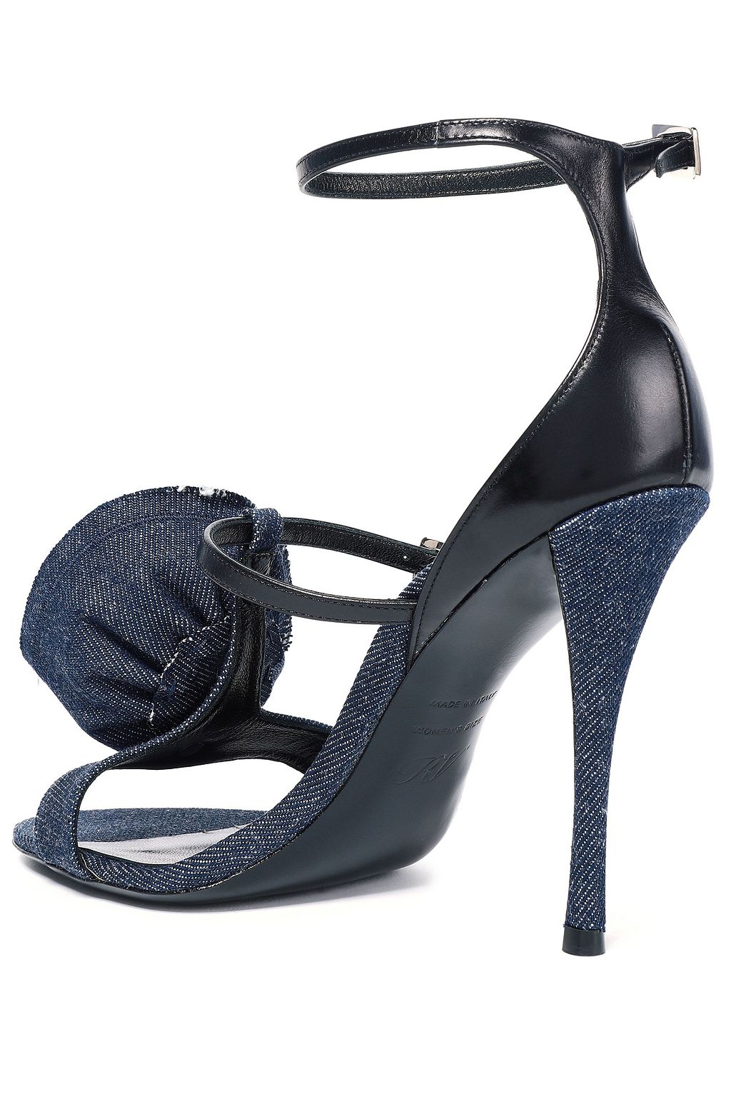 ROGER VIVIER Leather-paneled frayed floral-appliquéd denim sandals
