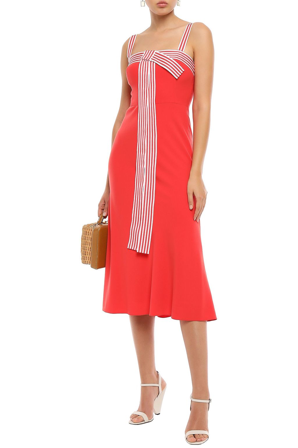 LELA ROSE Bow-embellished striped stretch-cady midi dress