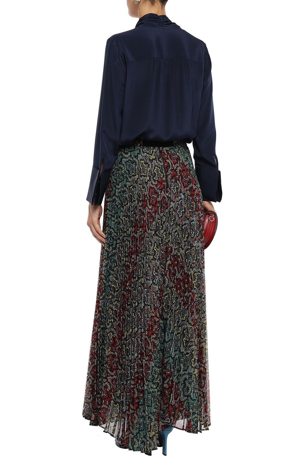 ALICE + OLIVIA Asymmetric printed plissé-crepon maxi skirt