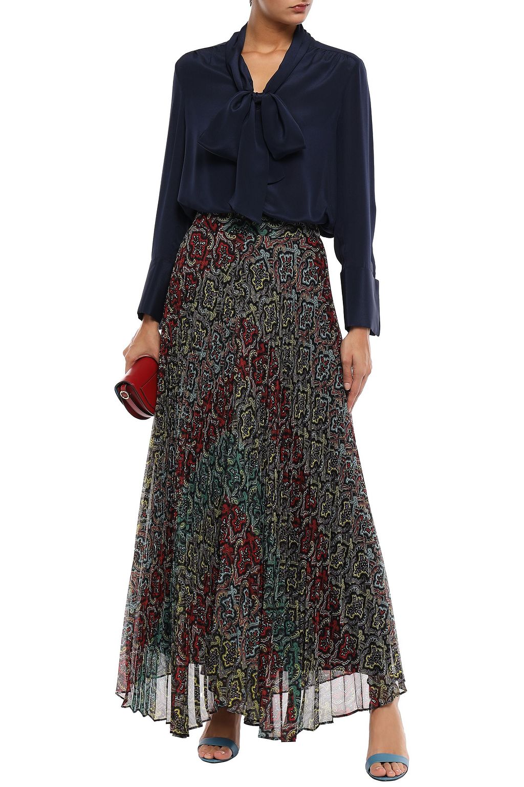ALICE + OLIVIA Asymmetric printed plissé-crepon maxi skirt
