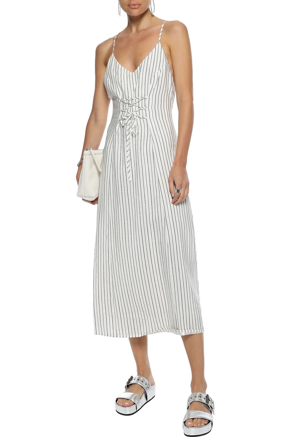 J BRAND Lace-up striped jacquard midi dress