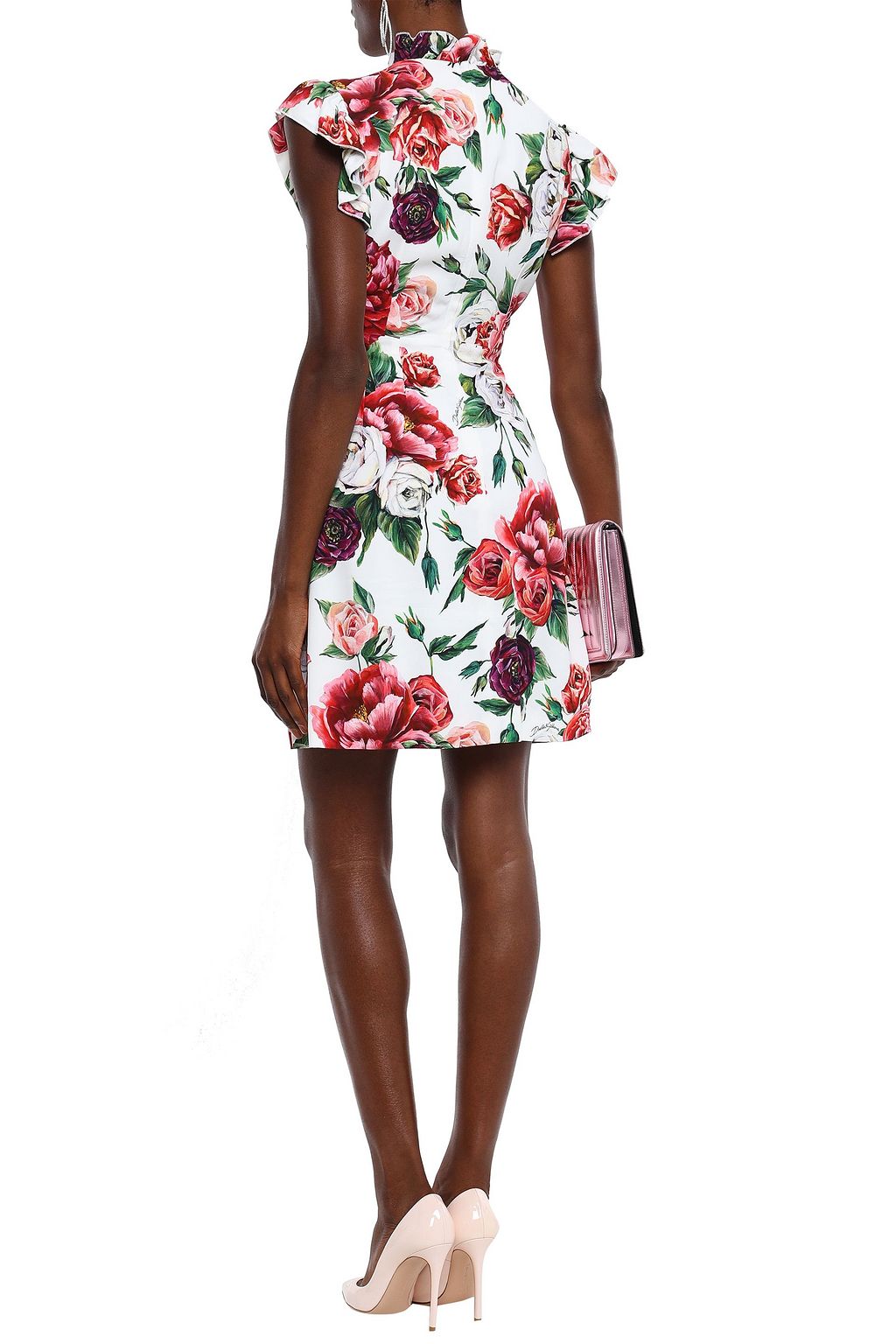 DOLCE&GABBANA Ruffle-trimmed embellished floral-print crepe mini dress