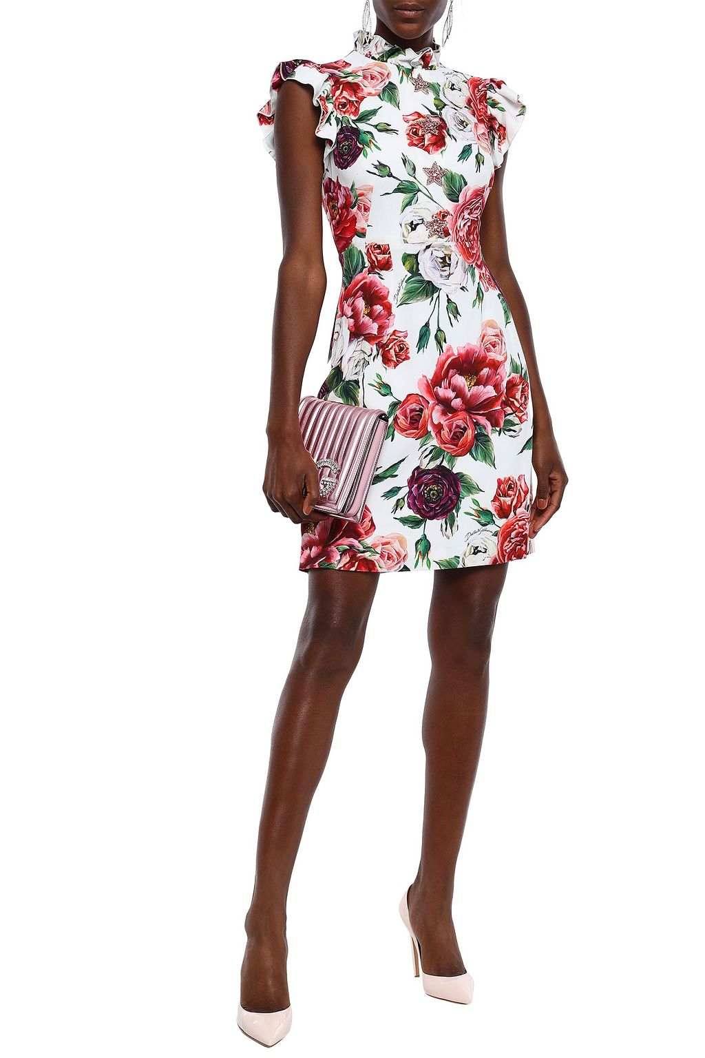 DOLCE&GABBANA Ruffle-trimmed embellished floral-print crepe mini dress