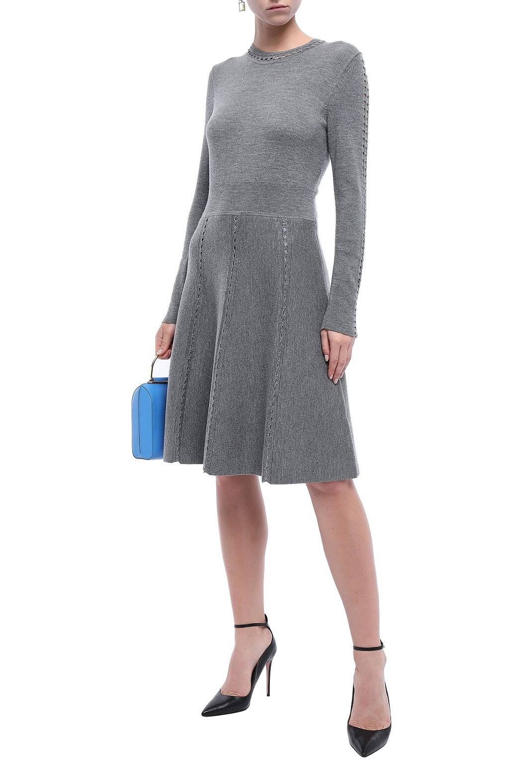 LELA ROSE Open knit-trimmed mélange wool-blend dress
