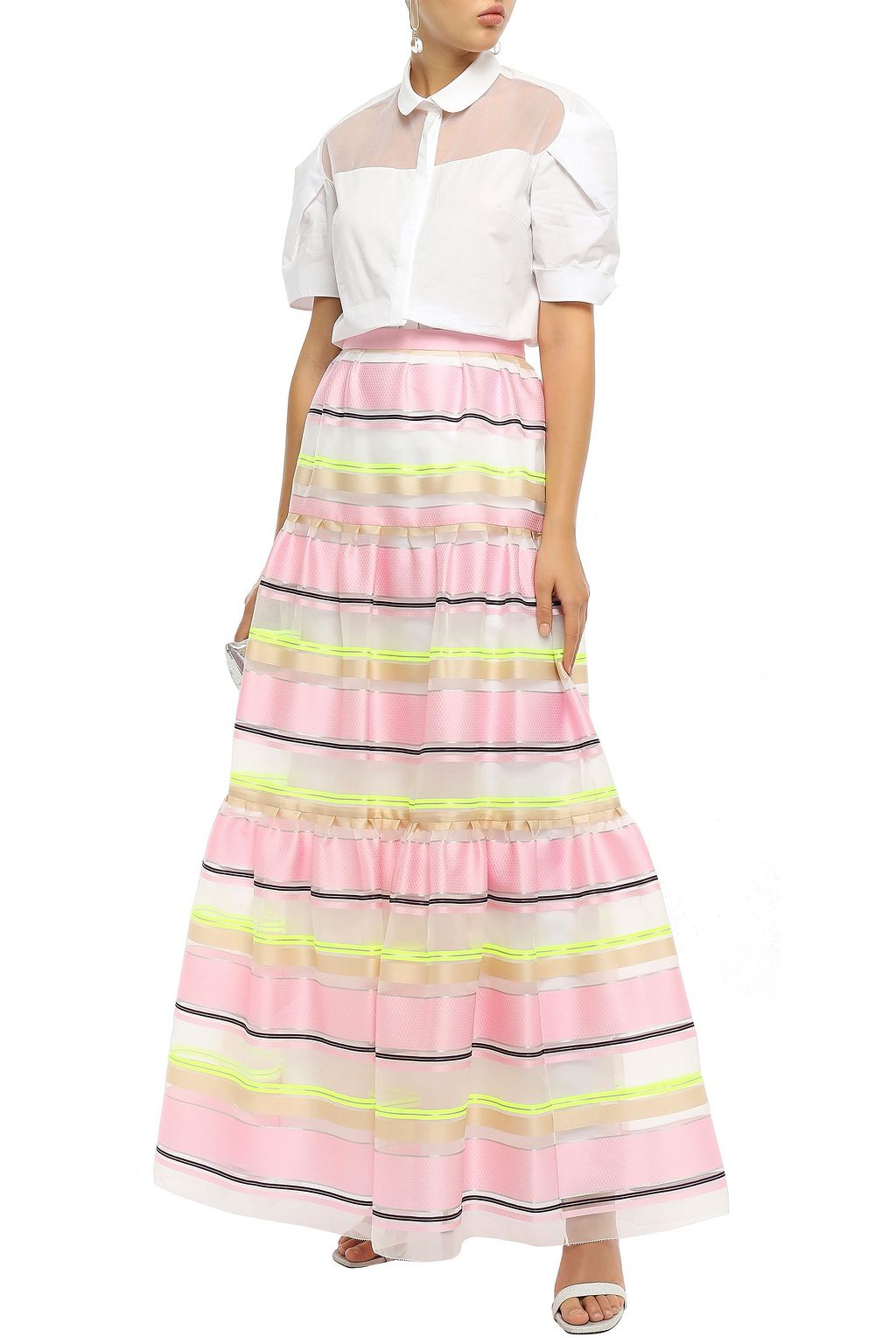 DELPOZO Gathered striped organza maxi skirt