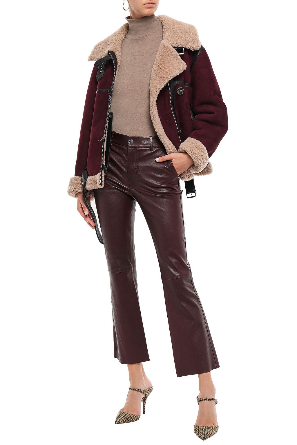 VICTORIA, VICTORIA BECKHAM Leather-trimmed shearling jacket