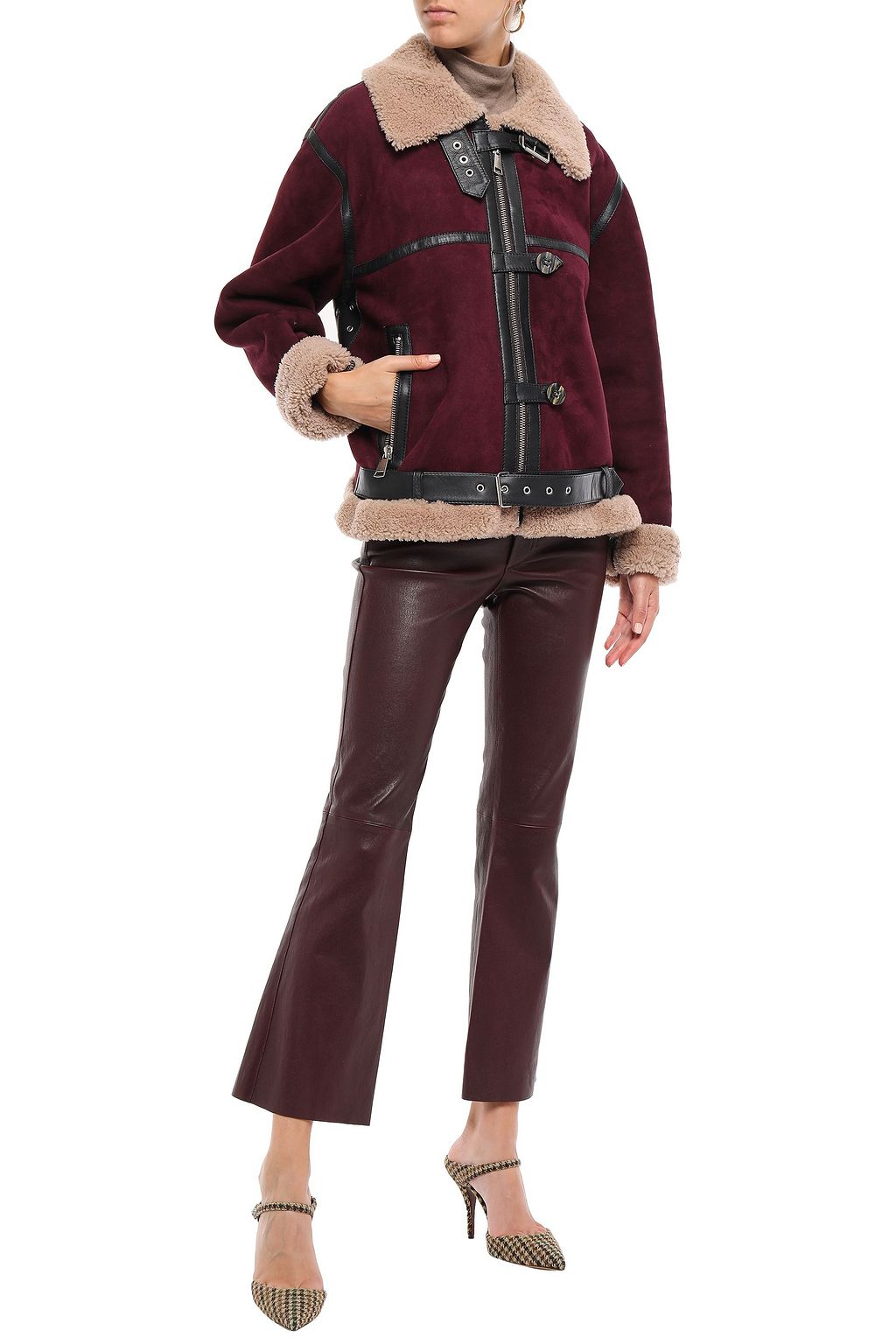 VICTORIA, VICTORIA BECKHAM Leather-trimmed shearling jacket