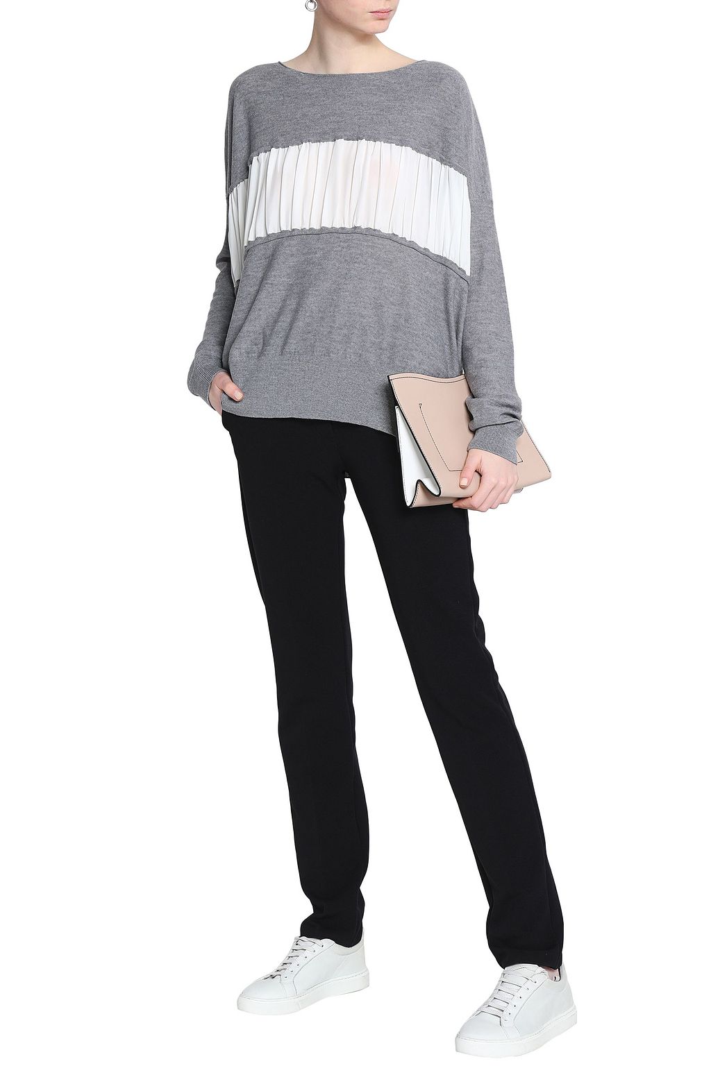 JIL SANDER Pleated silk-paneled mélange wool sweater