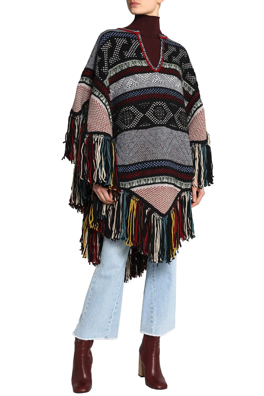 CHLOÉ Fringe-trimmed wool-blend jacquard poncho