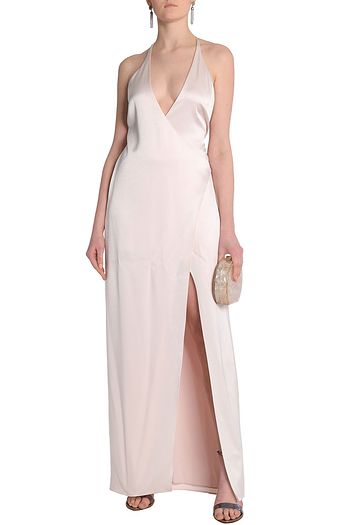 halston heritage satin wrap gown