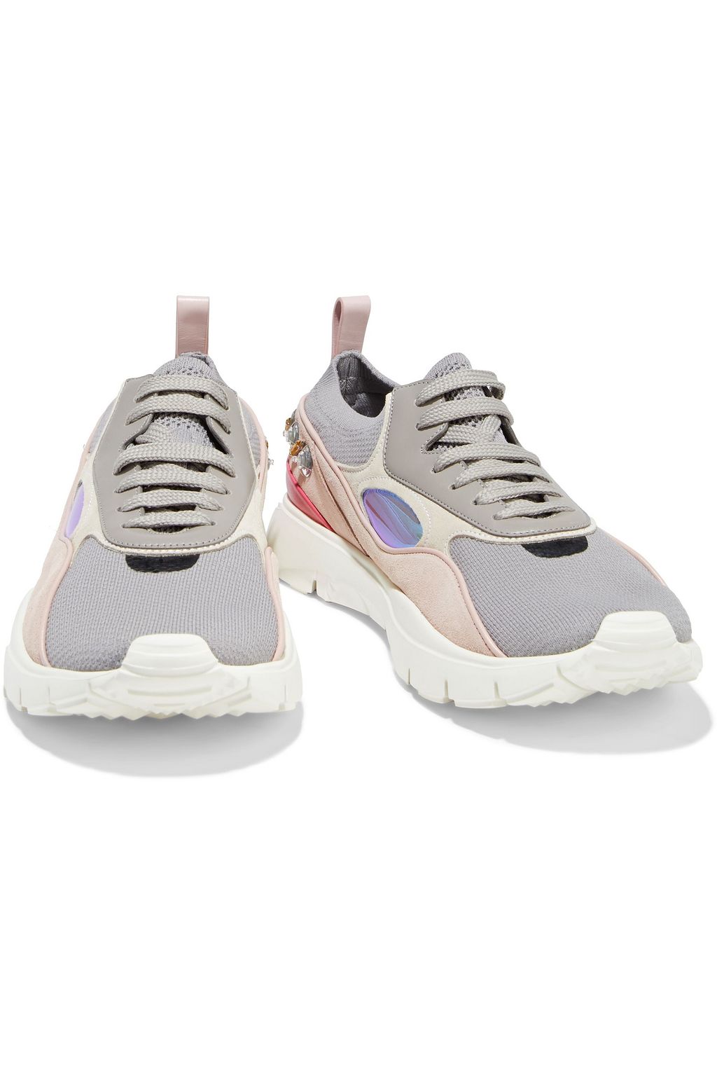 VALENTINO GARAVANI Embellished suede, leather and stretch-knit sneakers