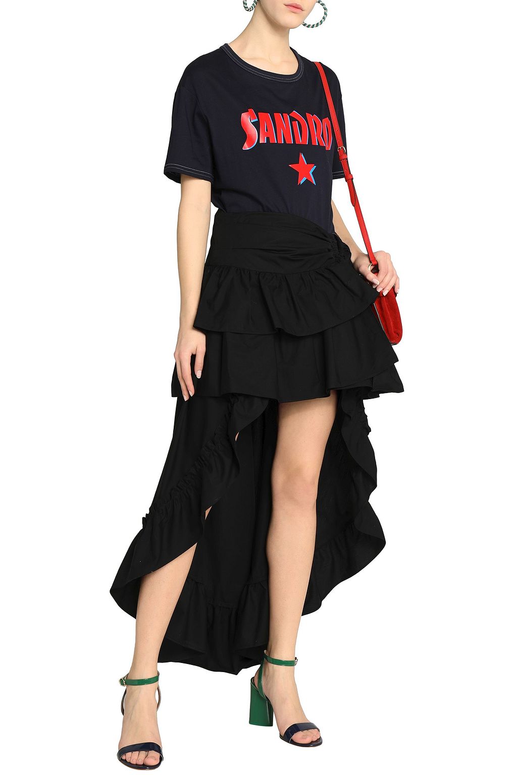 SANDRO Asymmetric ruffled cotton-poplin skirt