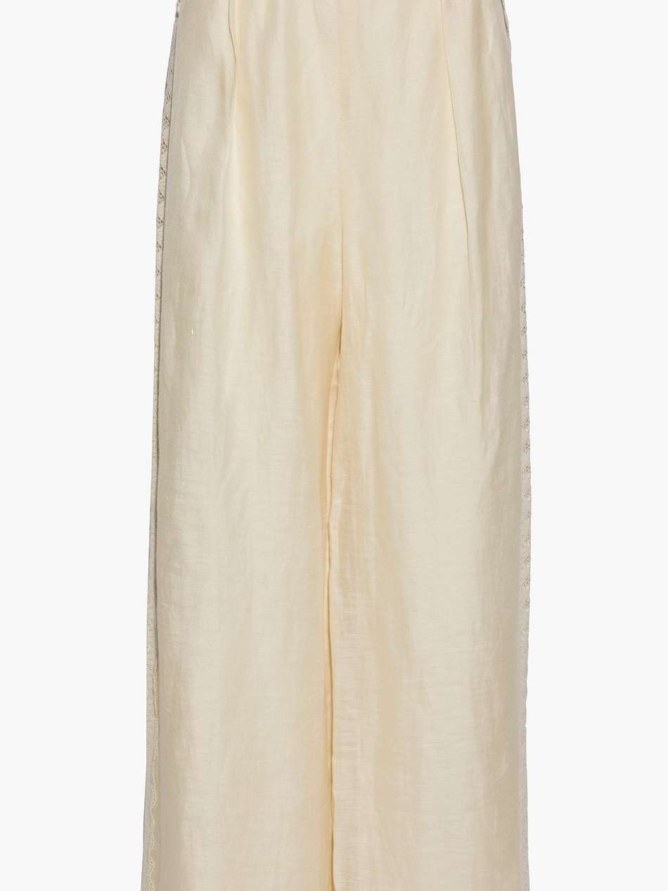 crochet-trimmed silk and linen-blend wide-leg pants