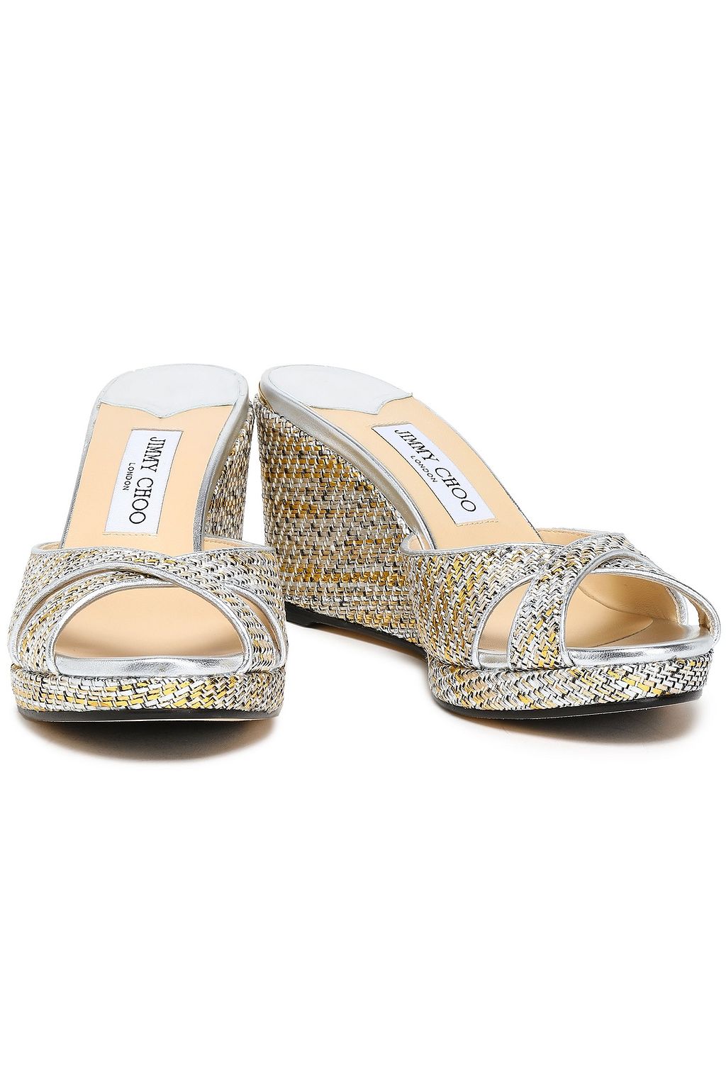 JIMMY CHOO Metallic woven wedge sandals