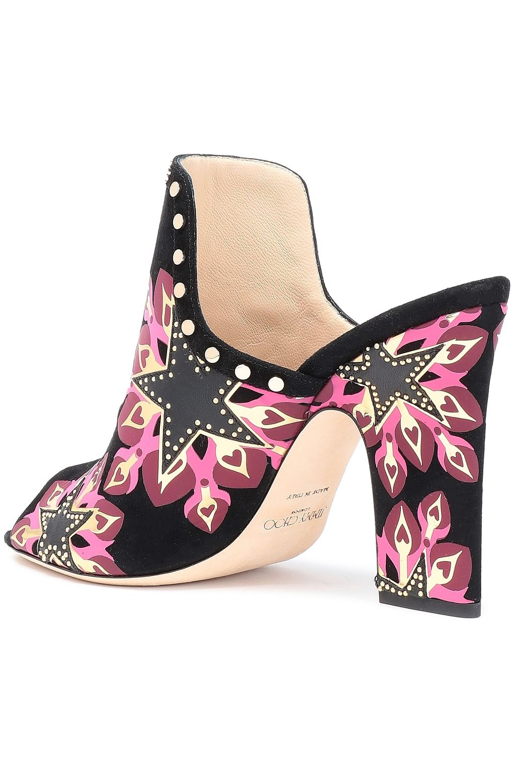 JIMMY CHOO Studded printed suede mules