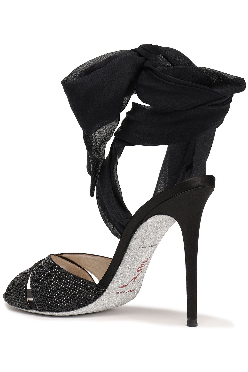 RENE' CAOVILLA Lace-up crystal-embellished satin and georgette sandals
