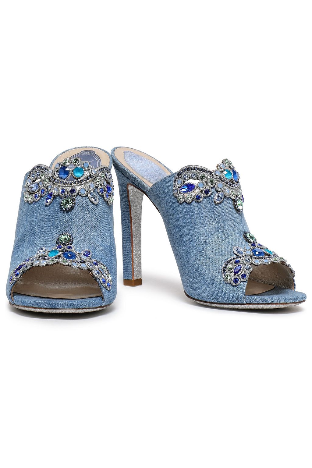 RENE' CAOVILLA Embellished cutout denim mules