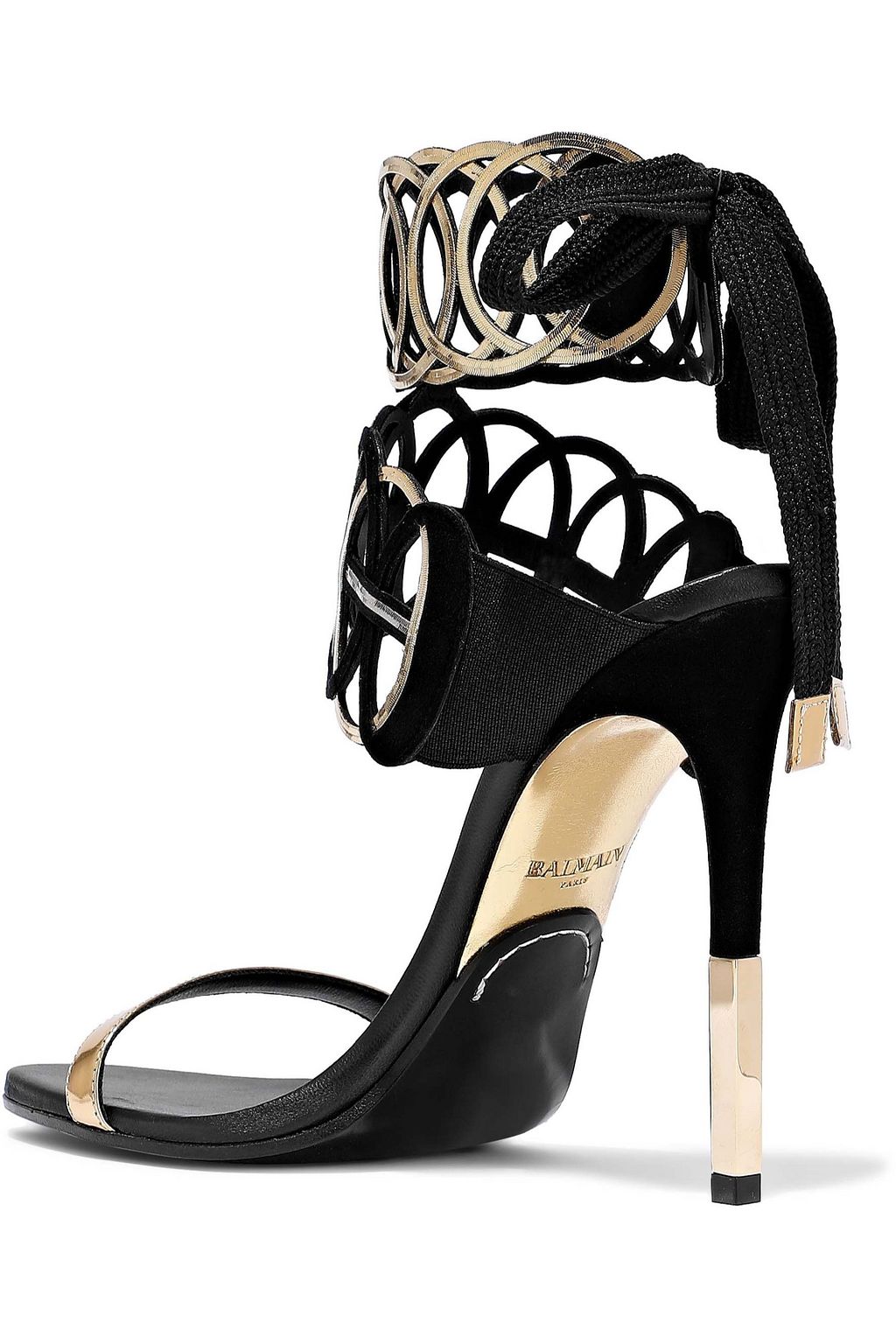 BALMAIN Laser-cut mirrored-leather and suede sandals