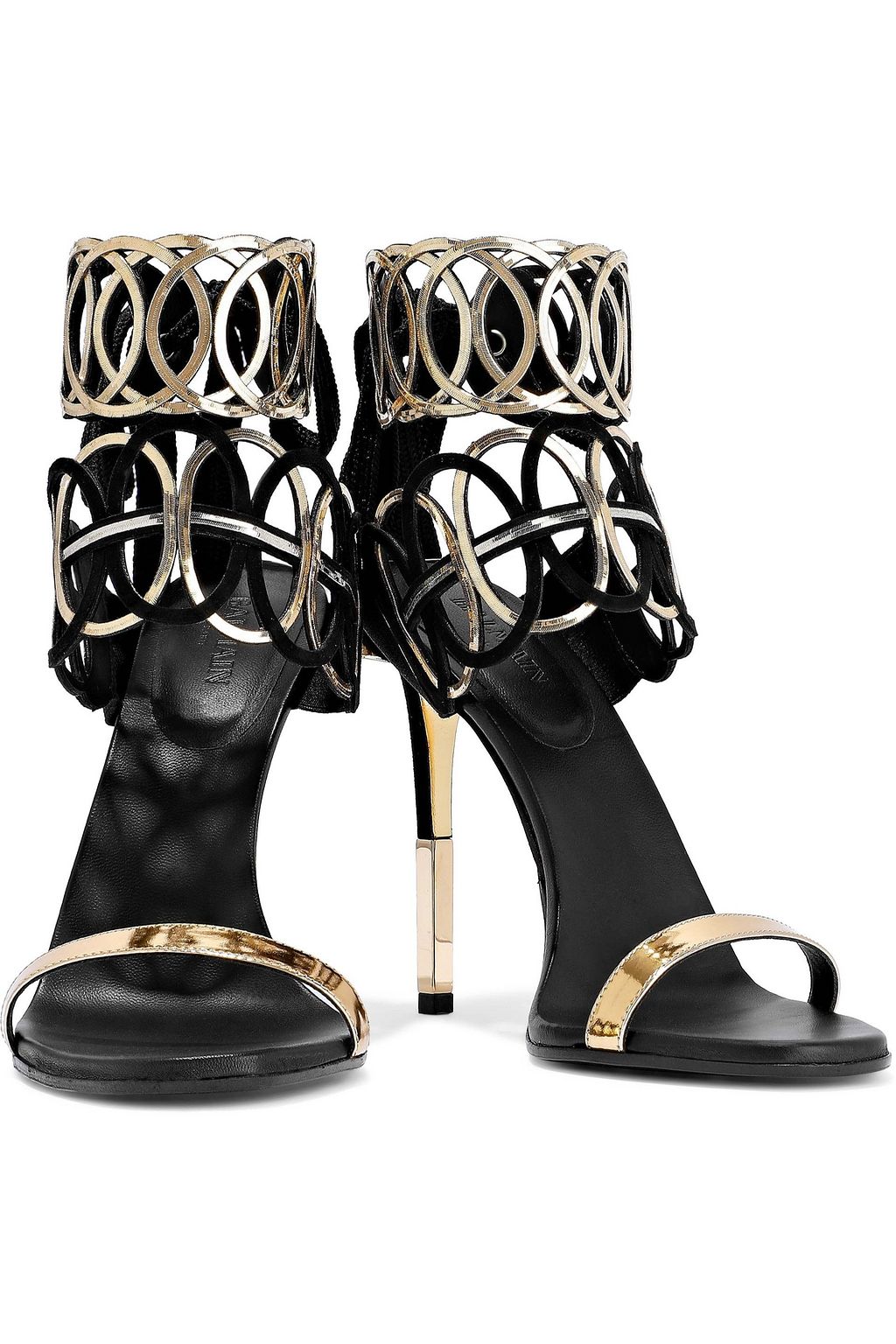 BALMAIN Laser-cut mirrored-leather and suede sandals