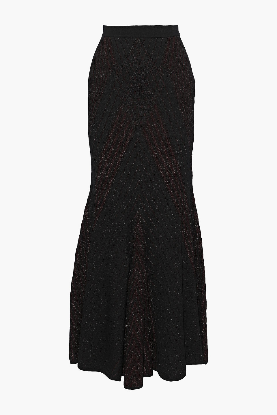 Fluted metallic pointelle-knit maxi skirt
