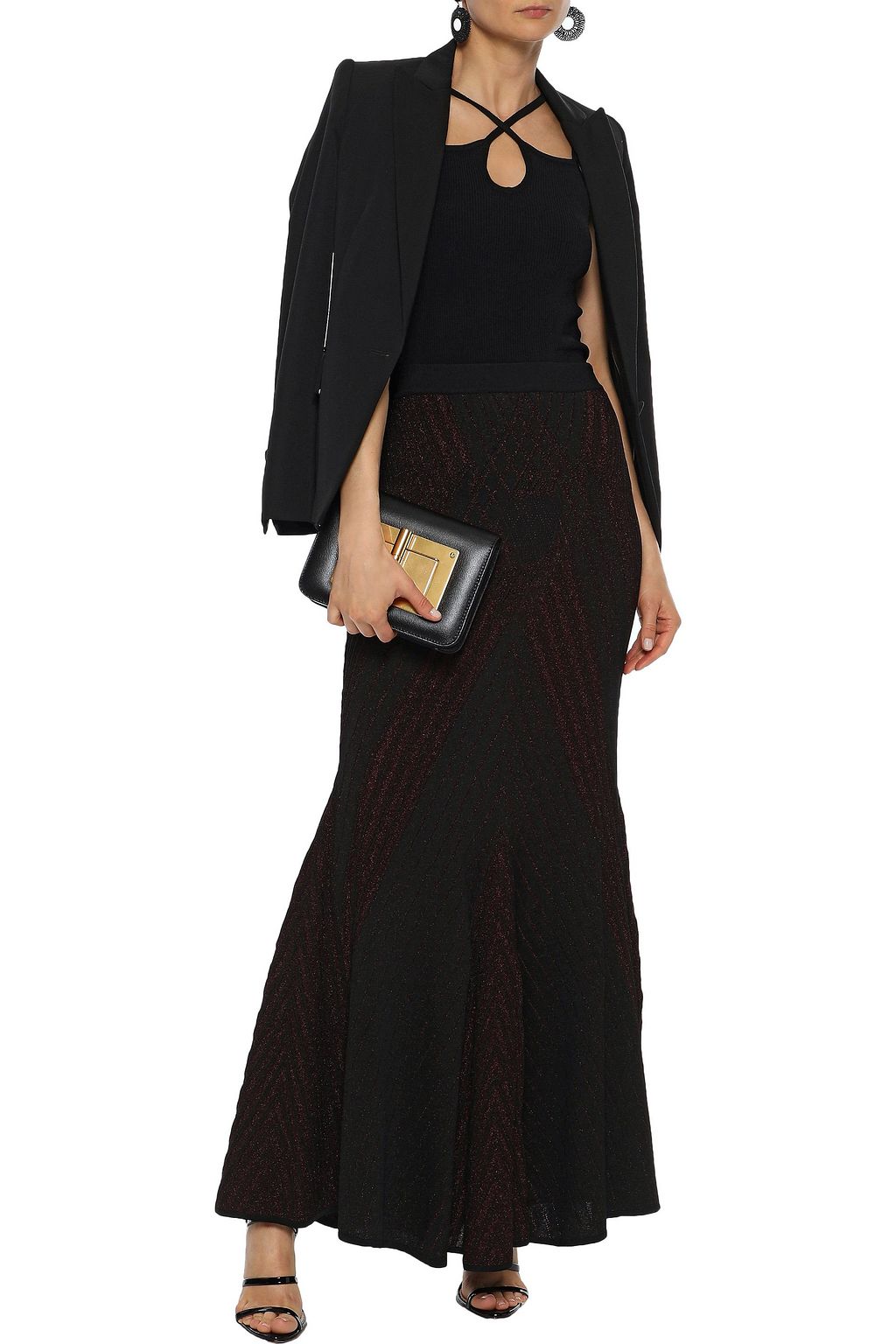 ROBERTO CAVALLI Fluted metallic pointelle-knit maxi skirt